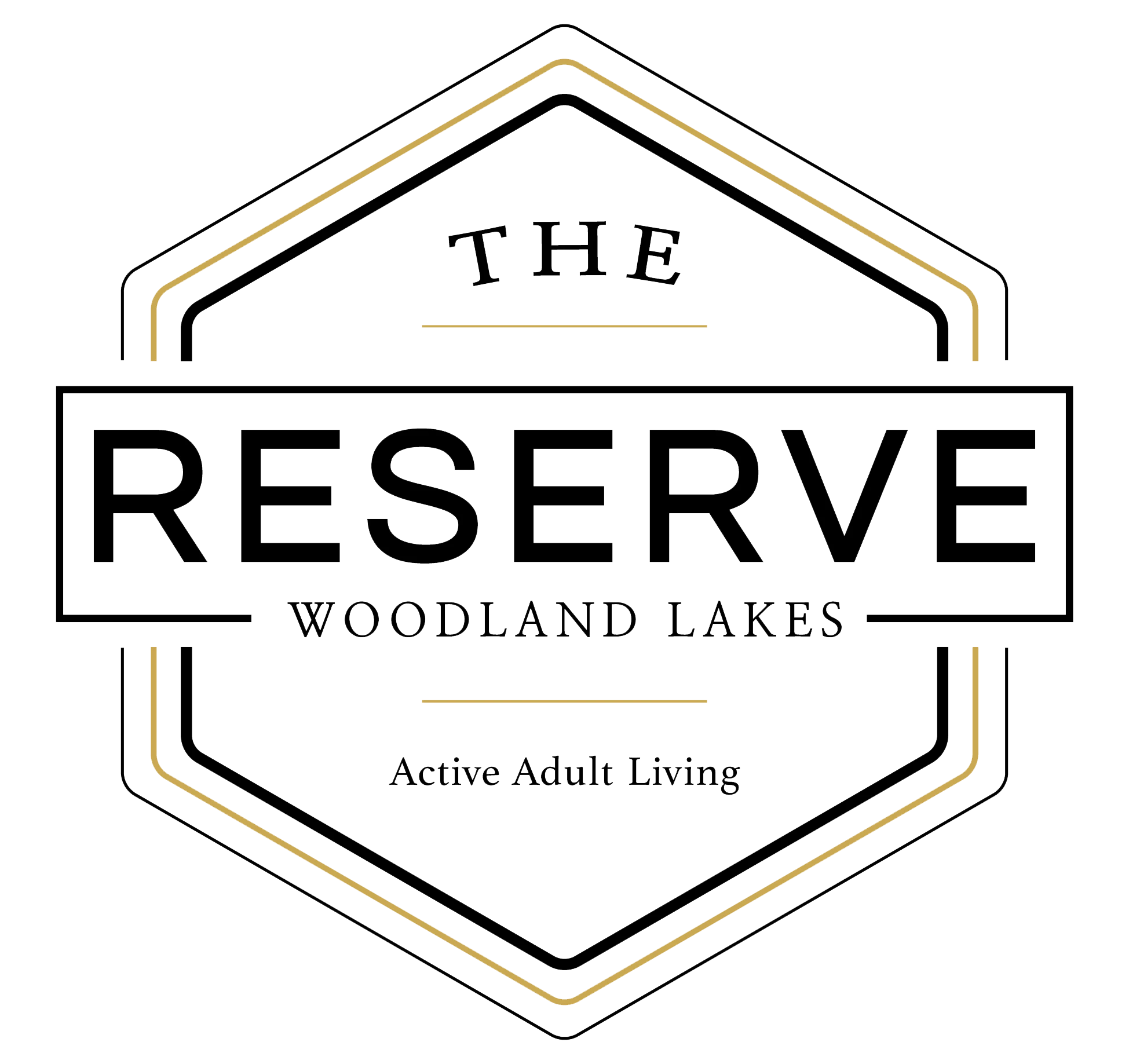 Logo of The Reserve Woodland Lakes, promoting active adult living in a stylish hexagonal design.