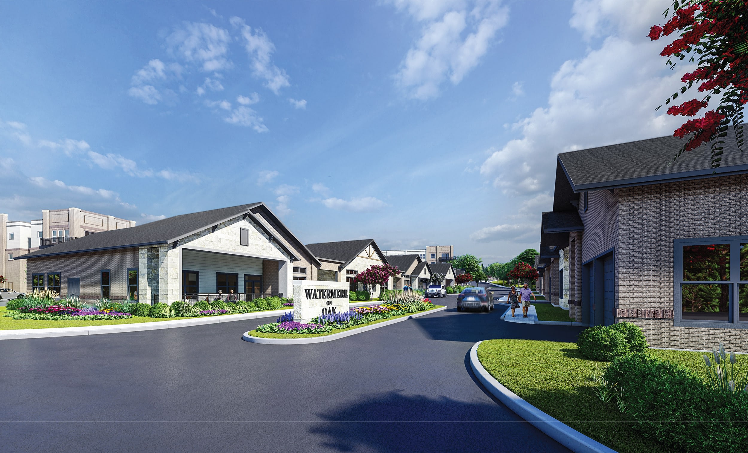 Modern residential community entrance with landscaped gardens