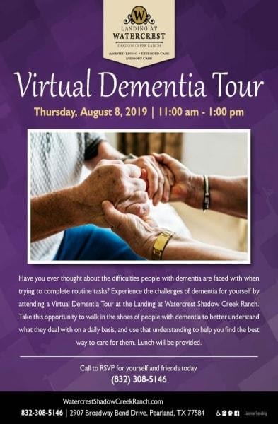 Detailed Virtual Dementia Tour flyer showing hands holding each other and event information