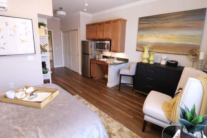 Modern studio apartment with kitchenette and cozy decor